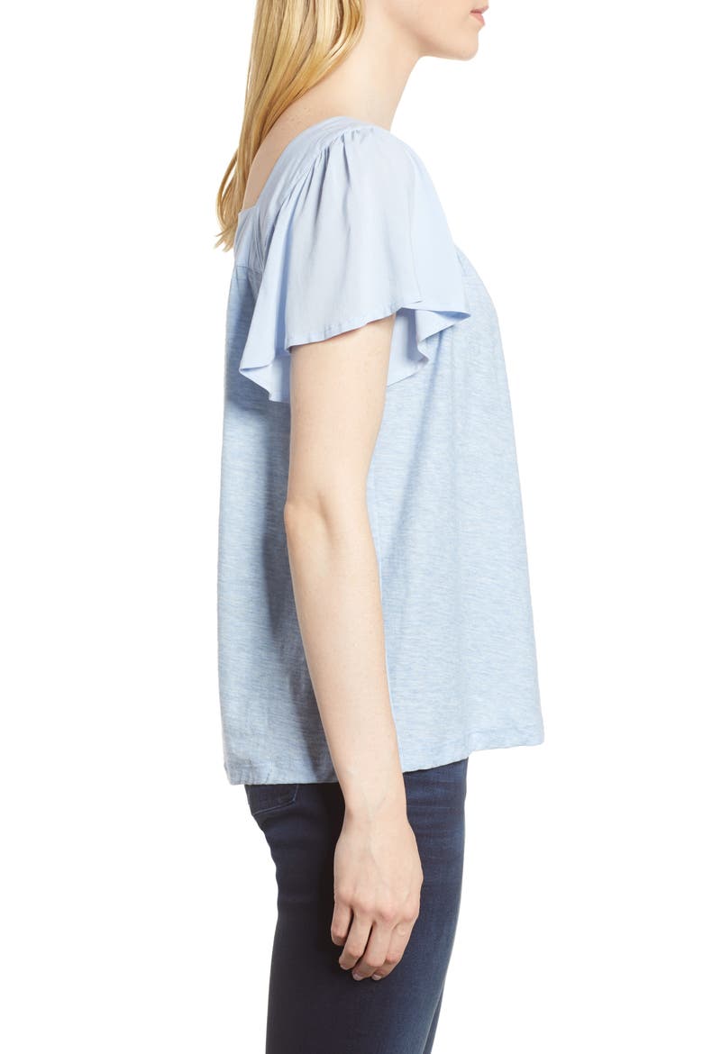Ruffle Sleeve Mix Media Cotton Blend Blouse, Alternate, color, LIGHT CHAMBRAY HEATHER