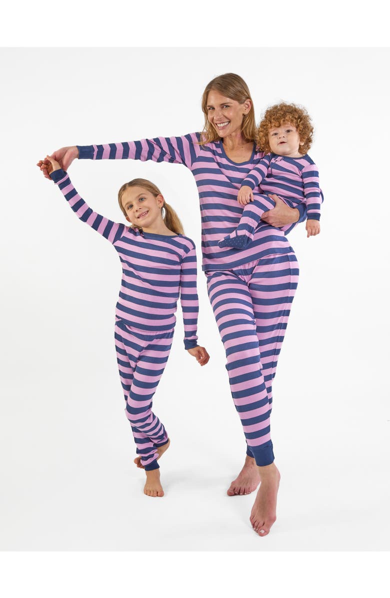 Leveret Kids Footed Striped Cotton Matching Family Pajamas, Alternate, color, Purple & Navy