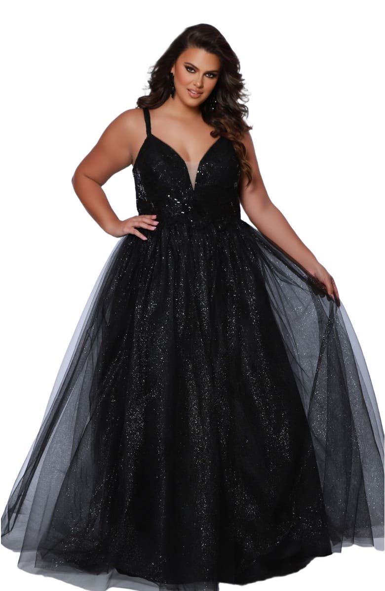 Sydney's Closet Tulle A-Line V-Neck Plus Size Evening Gown, Alternate, color,