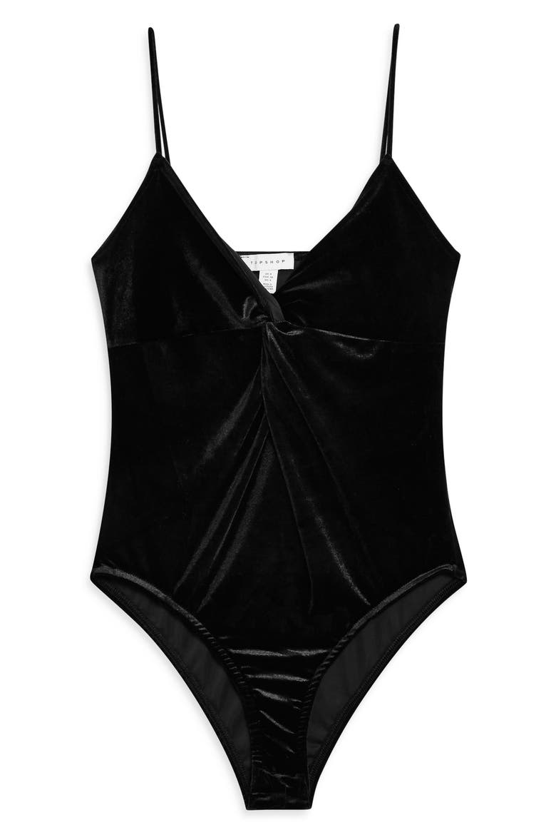 Velvet Front Knot Bodysuit, Alternate, color, BLACK