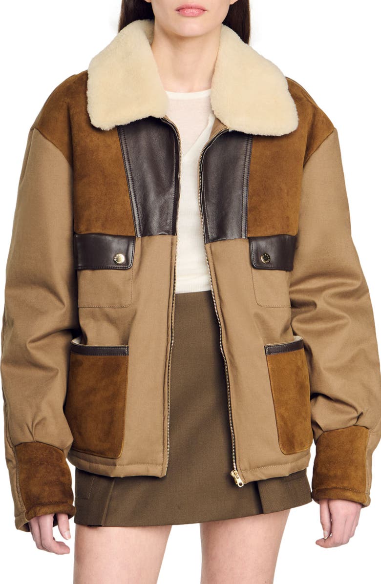 SANDRO Shearling collar jacket, Alternate, color, 