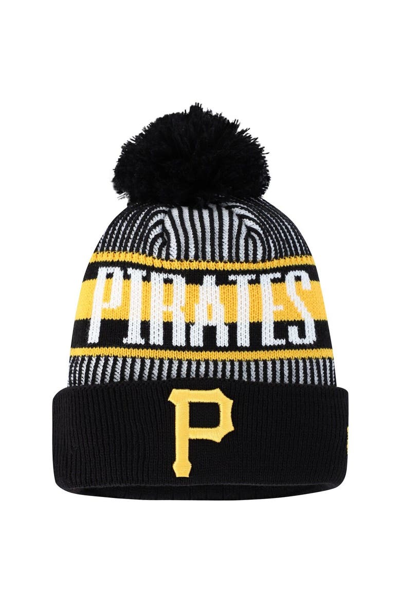 Youth New Era Black Pittsburgh Pirates Striped Cuffed Knit Hat with Pom, Main, color, Black