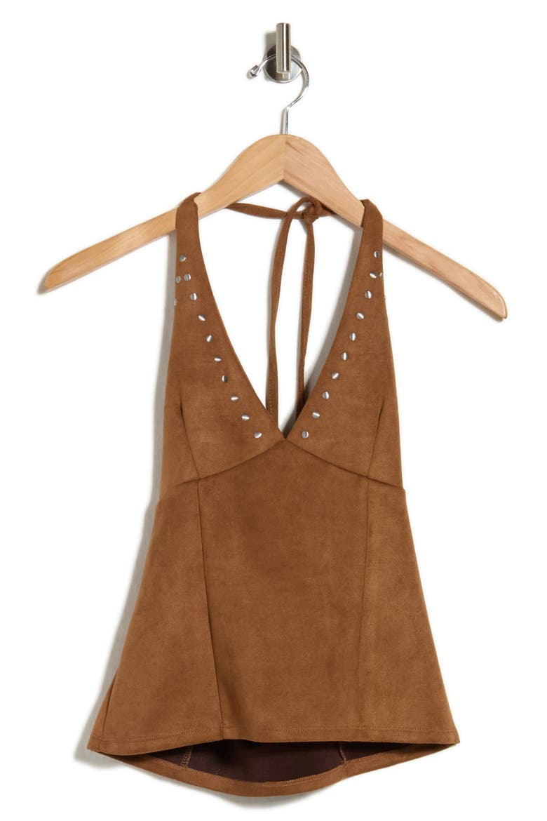 Studded Faux Suede Halter Tank, Alternate, color, COGNAC