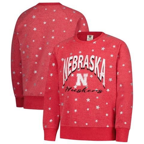 Girls Youth Wes & Willy  Scarlet Nebraska Huskers Shimmer Star Reverse Sweatshirt