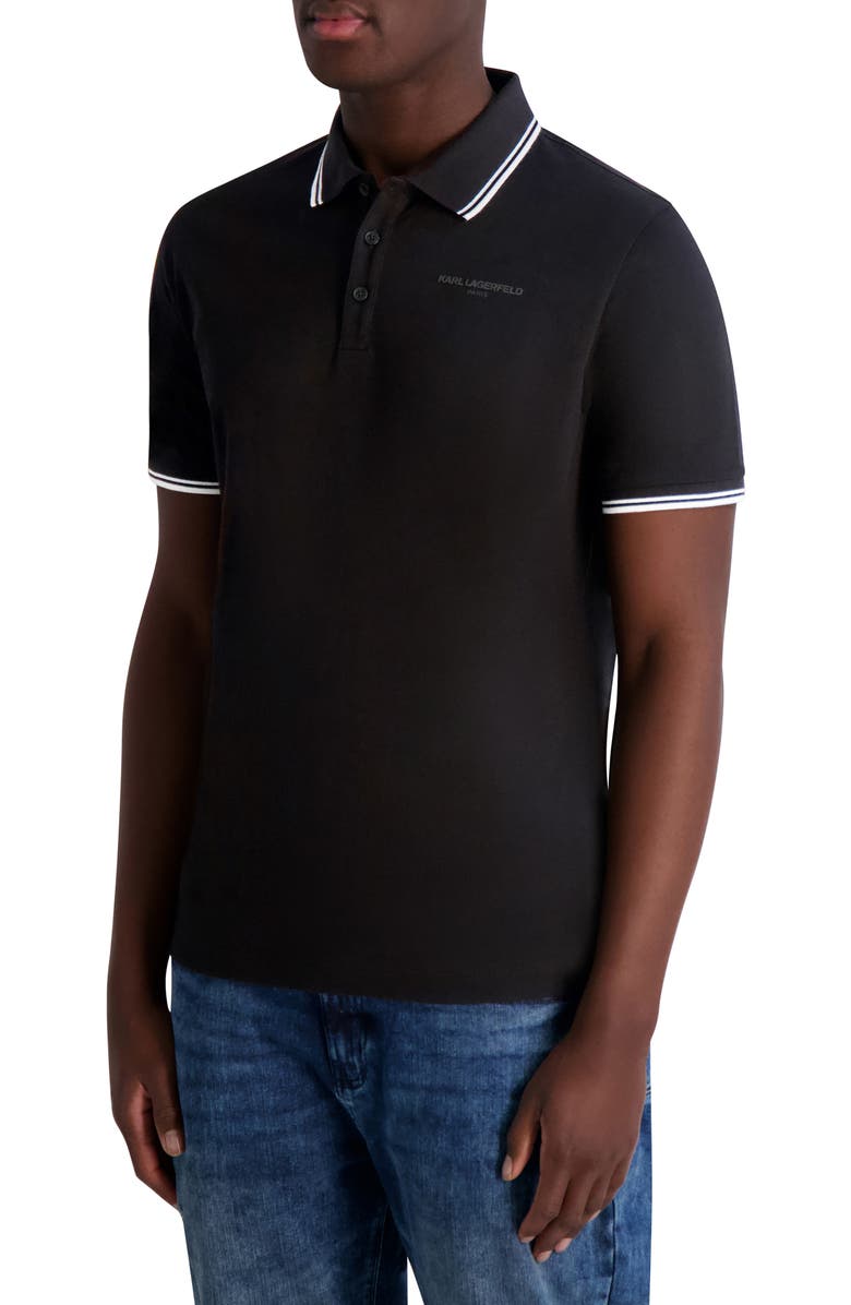 KARL LAGERFELD PARIS Stripe Tipped Stretch Cotton Polo, Alternate, color, Black