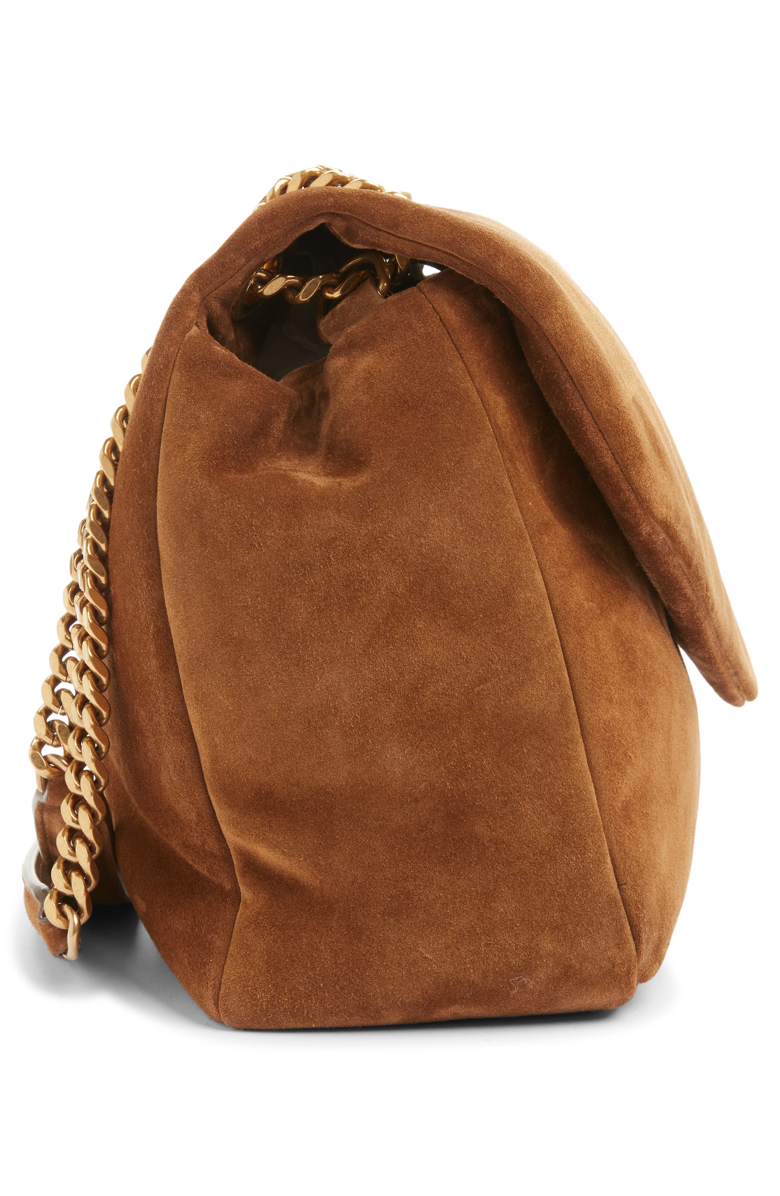 Saint Laurent Large Calypso Suede Shoulder Bag, Alternate, color, Caramel Cognac