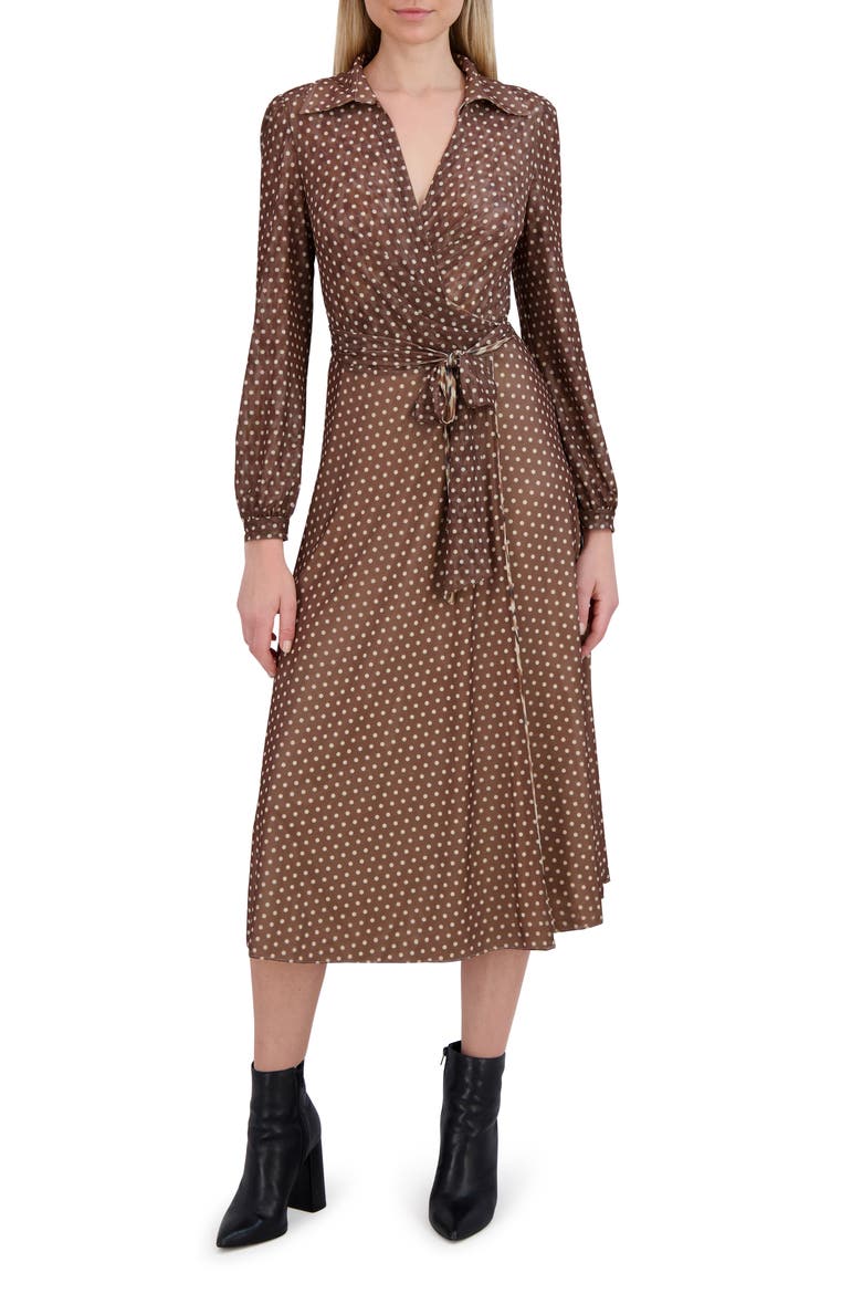Angela Reversible Long Sleeve Wrap Front Dress, Main, color, BROWN MULTI