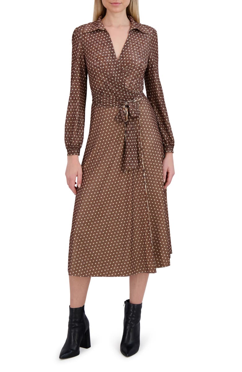 Laundry by Shelli Segal Angela Reversible Long Sleeve Wrap Front Dress, Main, color, Brown Multi