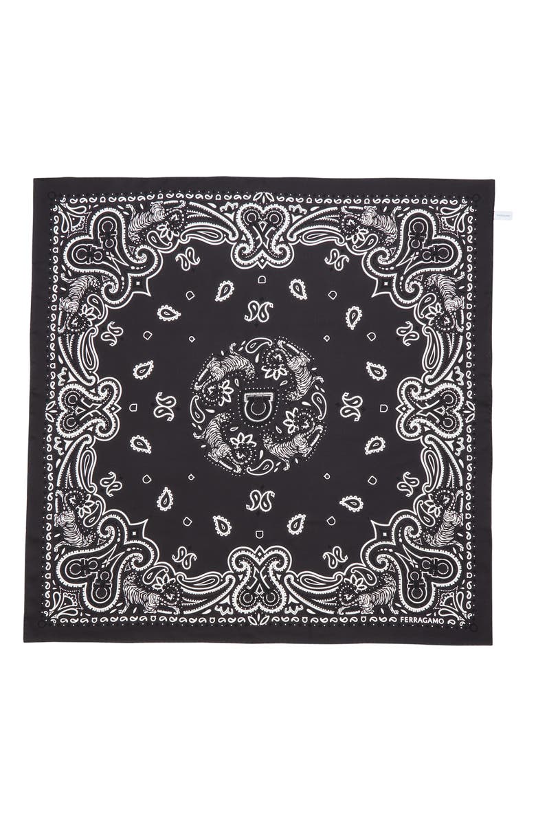 FERRAGAMO Arabesque Print Cotton & Silk Square Scarf, Alternate, color, Dark Grey Black White