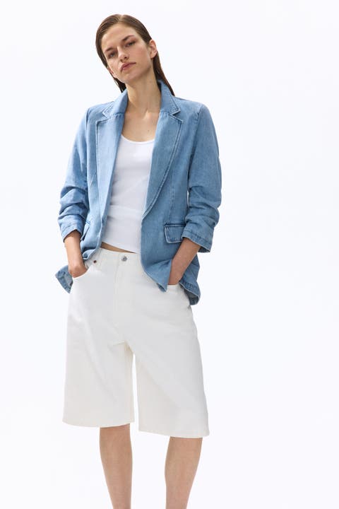 Gathered-sleeve Denim Blazer