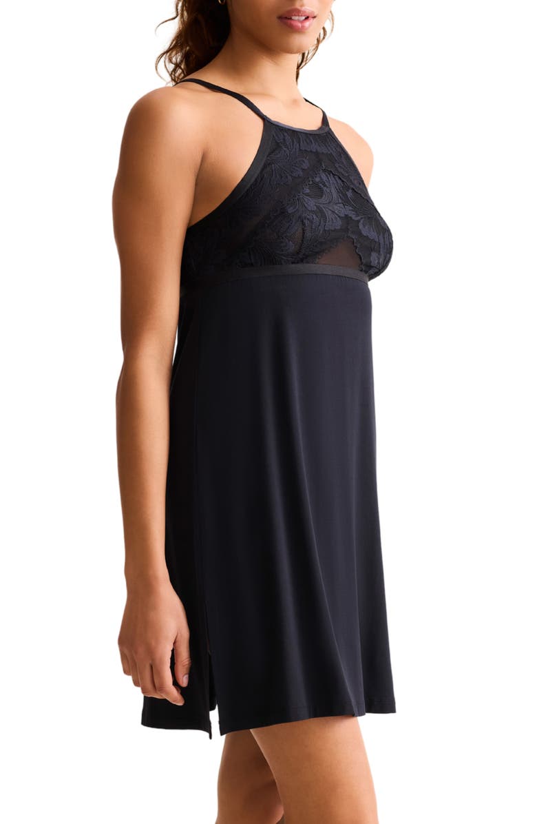 Fleur't Parisian Nights Lace Trim Chemise, Alternate, color, Black