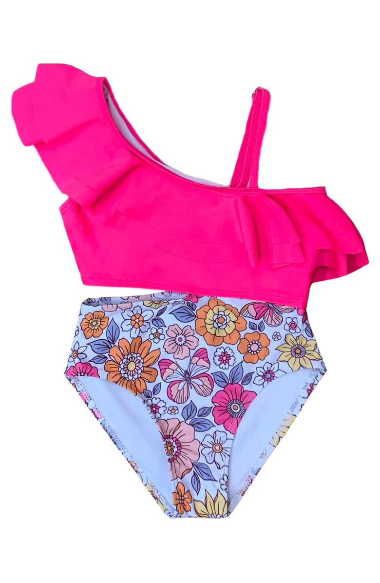 Mia Belle Girls Girls Tropical Bloom One-Shoulder One-Piece Swimsuit, Main, color, Pink