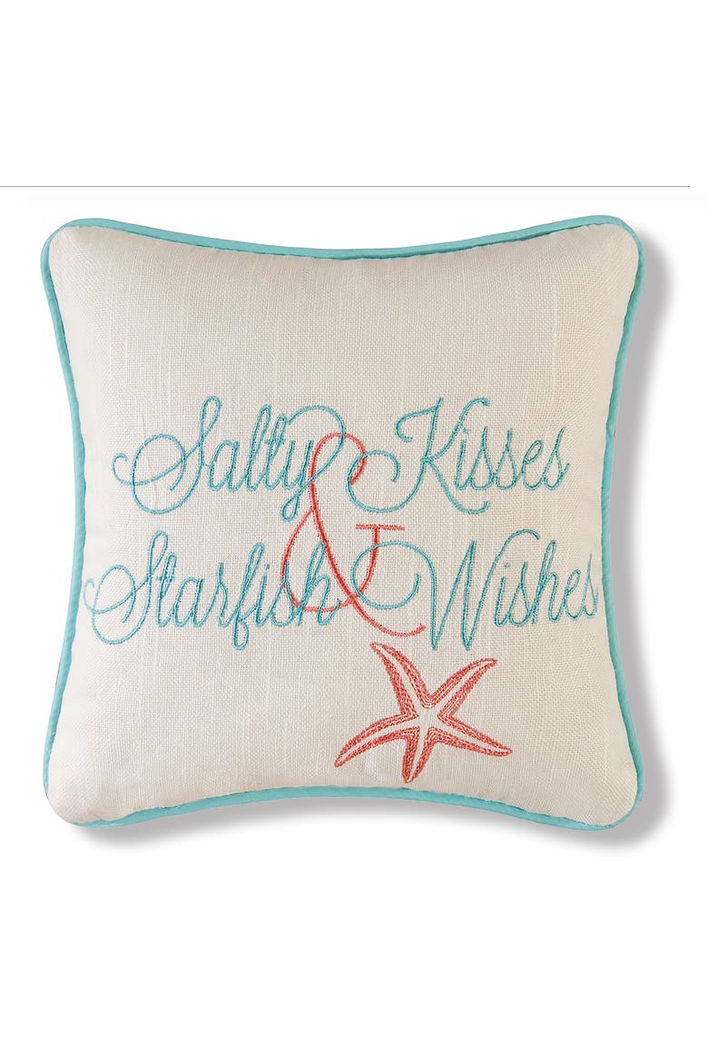 Salty Kisses & Starfish Wishes Embroidered Coastal Decorative Throw Pillow, Main, color, Off-White