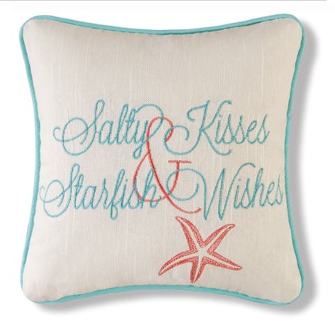 Salty Kisses & Starfish Wishes Embroidered Coastal Decorative Throw Pillow