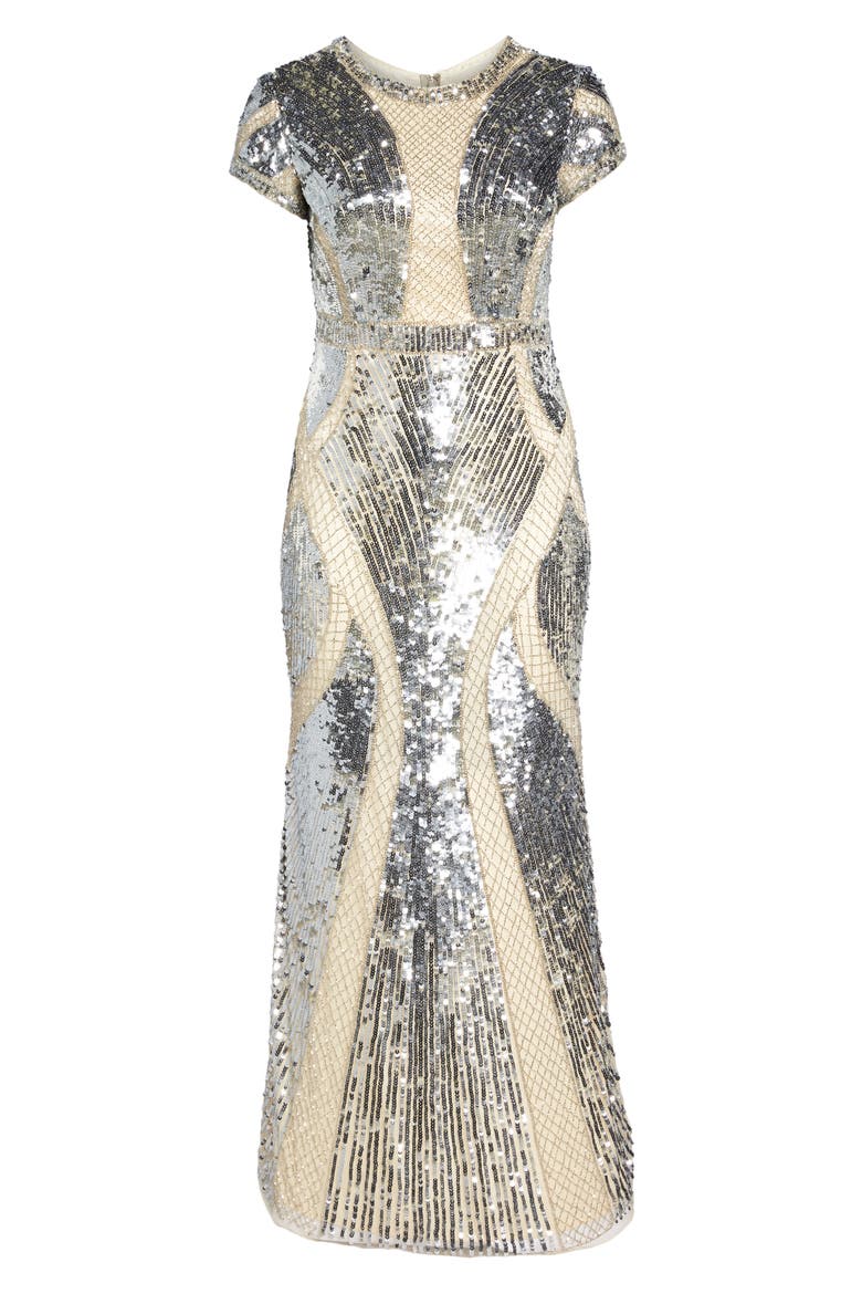Sequin Cap Sleeve Mesh Gown, Alternate, color, SILVER/ NUDE