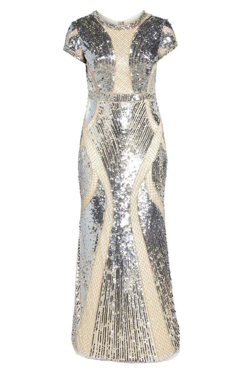 Mac Duggal Sequin Cap Sleeve Mesh Gown, Alternate, color,