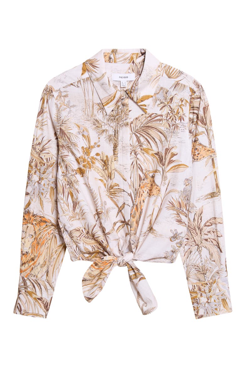 Cece Safari Print Tie Front Cotton Hidden Placket Shirt, Alternate, color, NEUTRAL