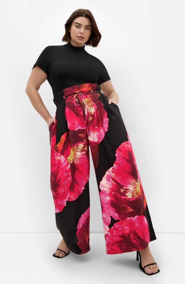 City Chic Shania Paperbag Waist Wide Leg Pants, Alternate, color, Magenta Floral