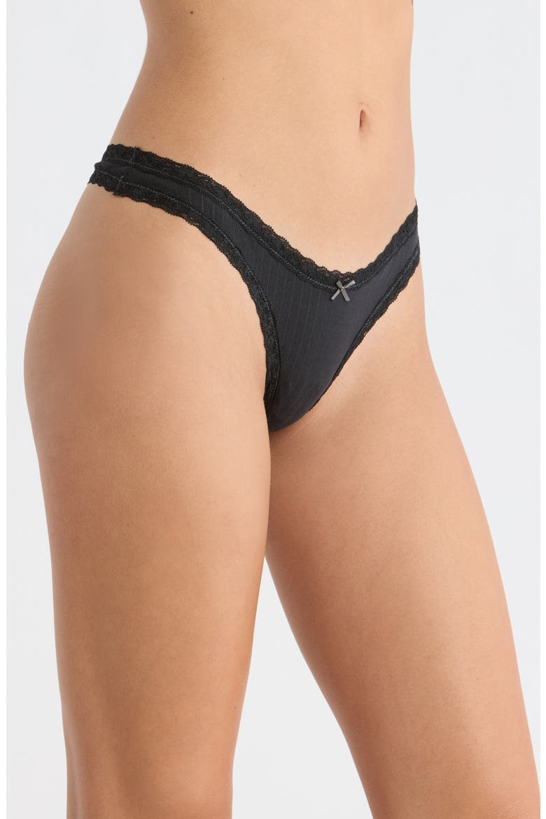 Lightweight Stretch Cotton Pointelle Lace Thong, Alternate, color, SOOT TONAL