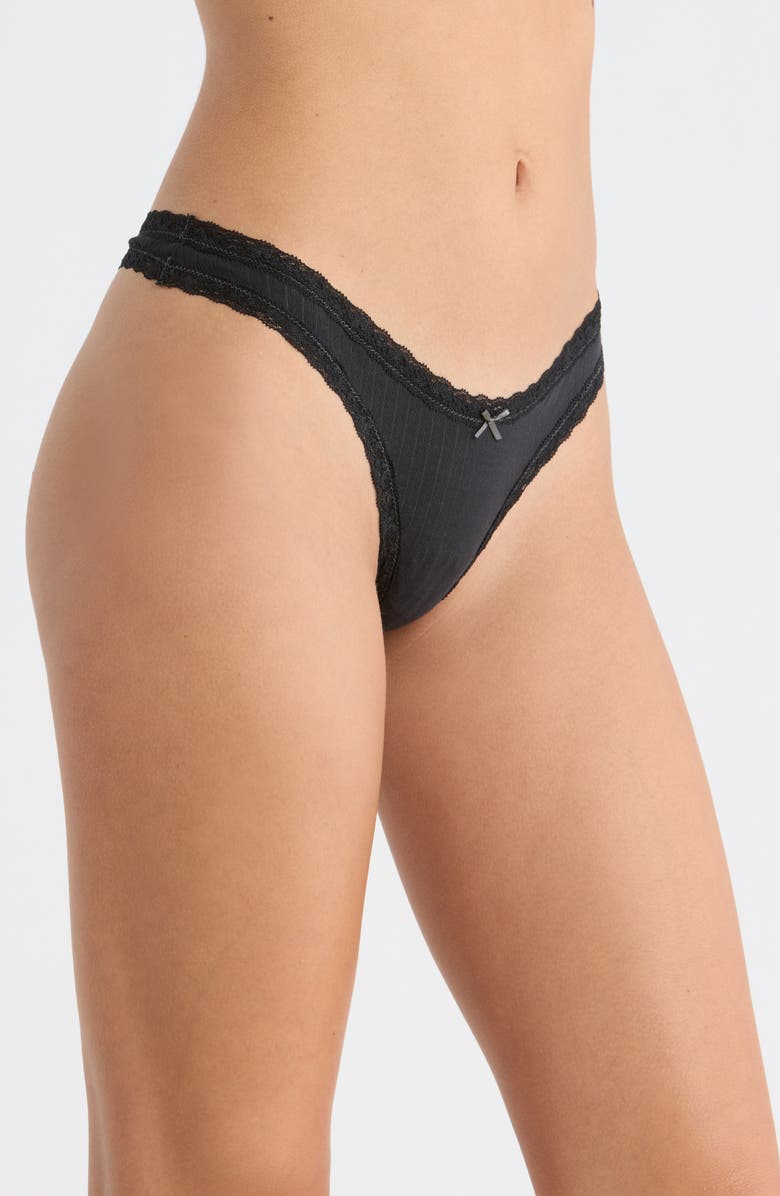 SKIMS Lightweight Stretch Cotton Pointelle Lace Thong, Alternate, color, Soot Tonal