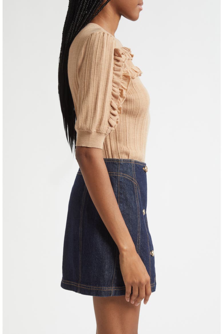 Salima Ruffle & Lace Merino Wool Sweater, Alternate, color, CAMEL MELANGE