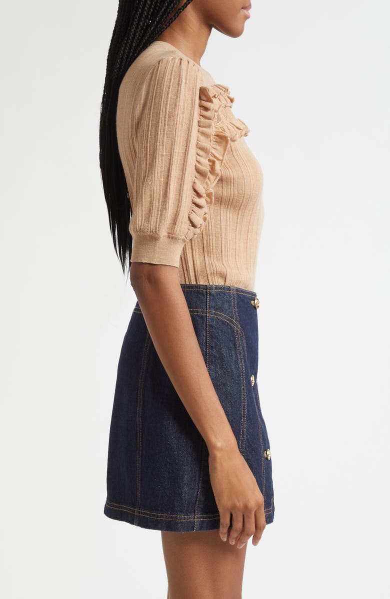 Ulla Johnson Salima Ruffle & Lace Merino Wool Sweater, Alternate, color, Camel Melange