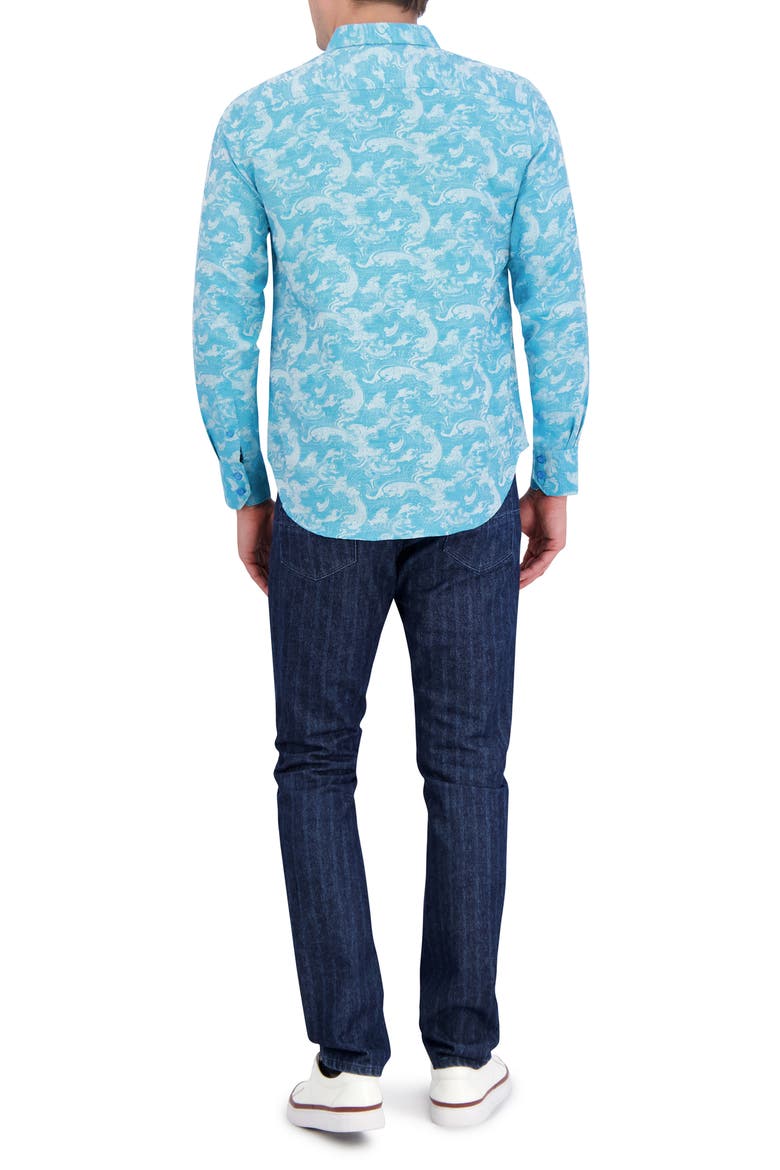 Poseidon Linen & Cotton Jacquard Button-Up Shirt, Alternate, color, TURQUOISE