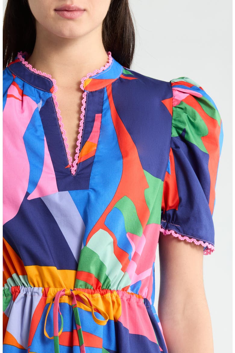 Chroma Lace Trim Puff Sleeve Drawstring Waist Cotton Dress, Alternate, color, RED-BLUE-MULTI