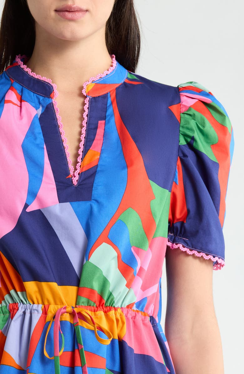 SUGARLIPS Chroma Lace Trim Puff Sleeve Drawstring Waist Cotton Dress, Alternate, color, Red-Blue-Multi