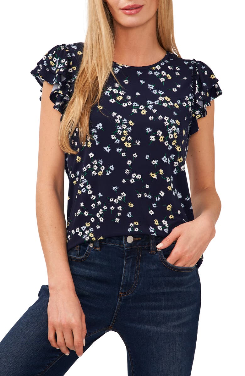 CeCe Floral Print Double Ruffle Sleeve Top, Main, color, Navy J