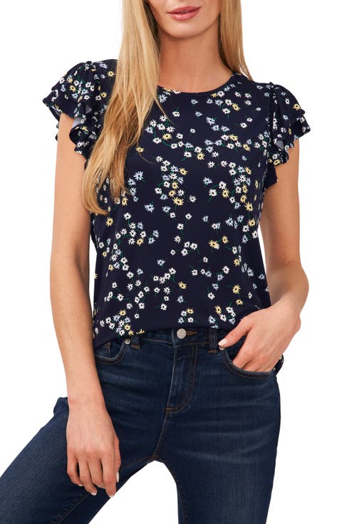 Floral Print Double Ruffle Sleeve Top