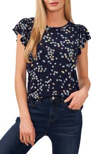 CeCe Floral Print Double Ruffle Sleeve Top