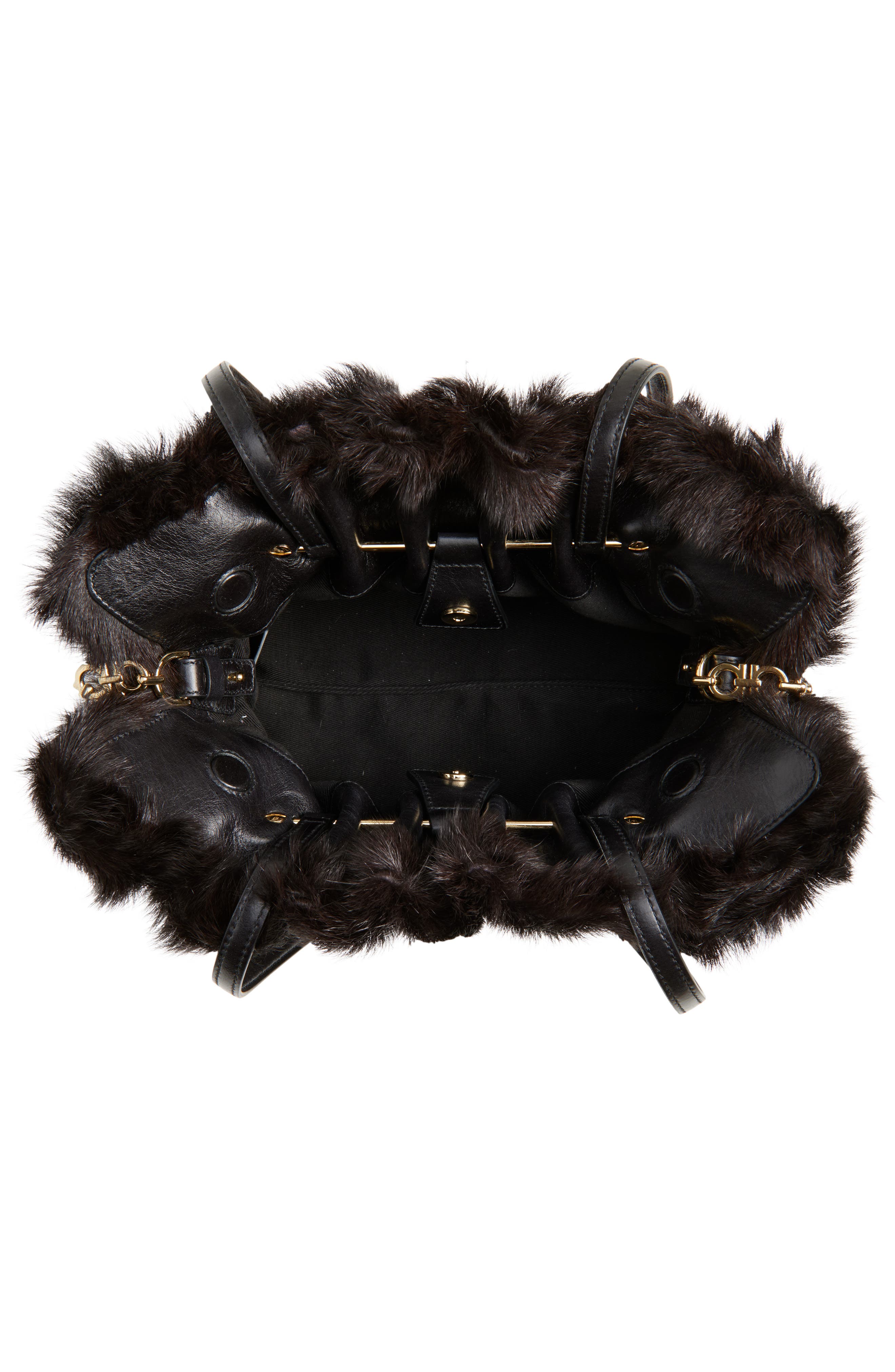 FERRAGAMO Small Gancio Piercing Soft Leather & Genuine Shearling Shoulder Bag, Alternate, color, Nero