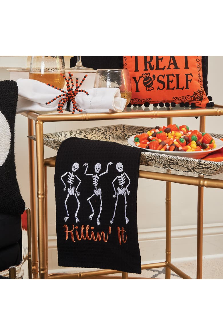 Dancing Halloween Skeletons Cotton Waffle Weave Kitchen Towels Set of 2, Alternate, color, Black