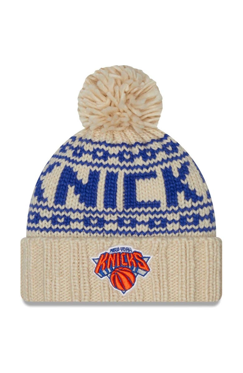 New Era Women's New Era Cream New York Knicks Sport Cuffed Knit Hat with Pom, Main, color, 