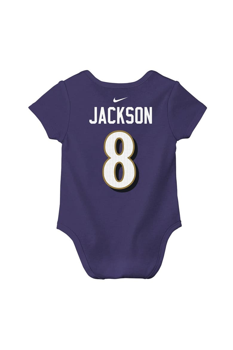 Newborn & Infant Nike Lamar Jackson Purple Baltimore Ravens Player Name & Number Bodysuit, Alternate, color, Purple