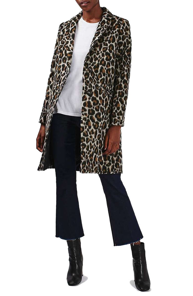 Topshop Leopard Print Car Coat, Alternate, color,
