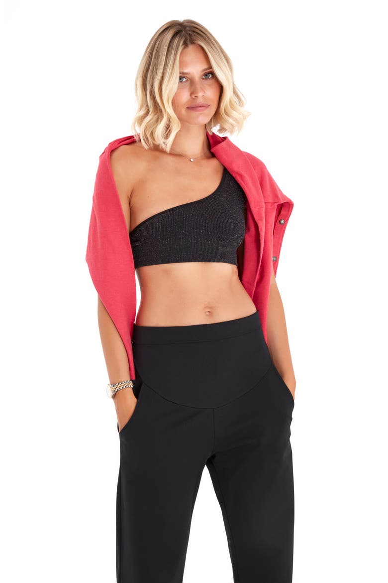 Foldover Waistband Stretch Cotton Maternity Pants, Alternate, color, BLACK