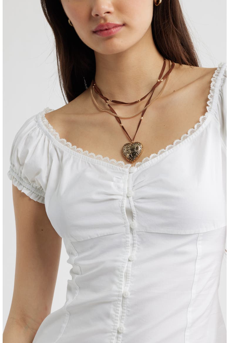 Lace Trim Stretch Cotton Button-Up Top, Alternate, color, WHITE