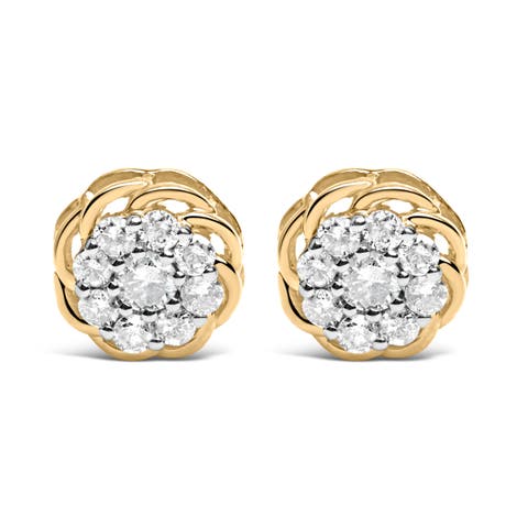 10K Yellow Gold Plated Silver 1/2 Ct Diamond Cluster Stud Earrings