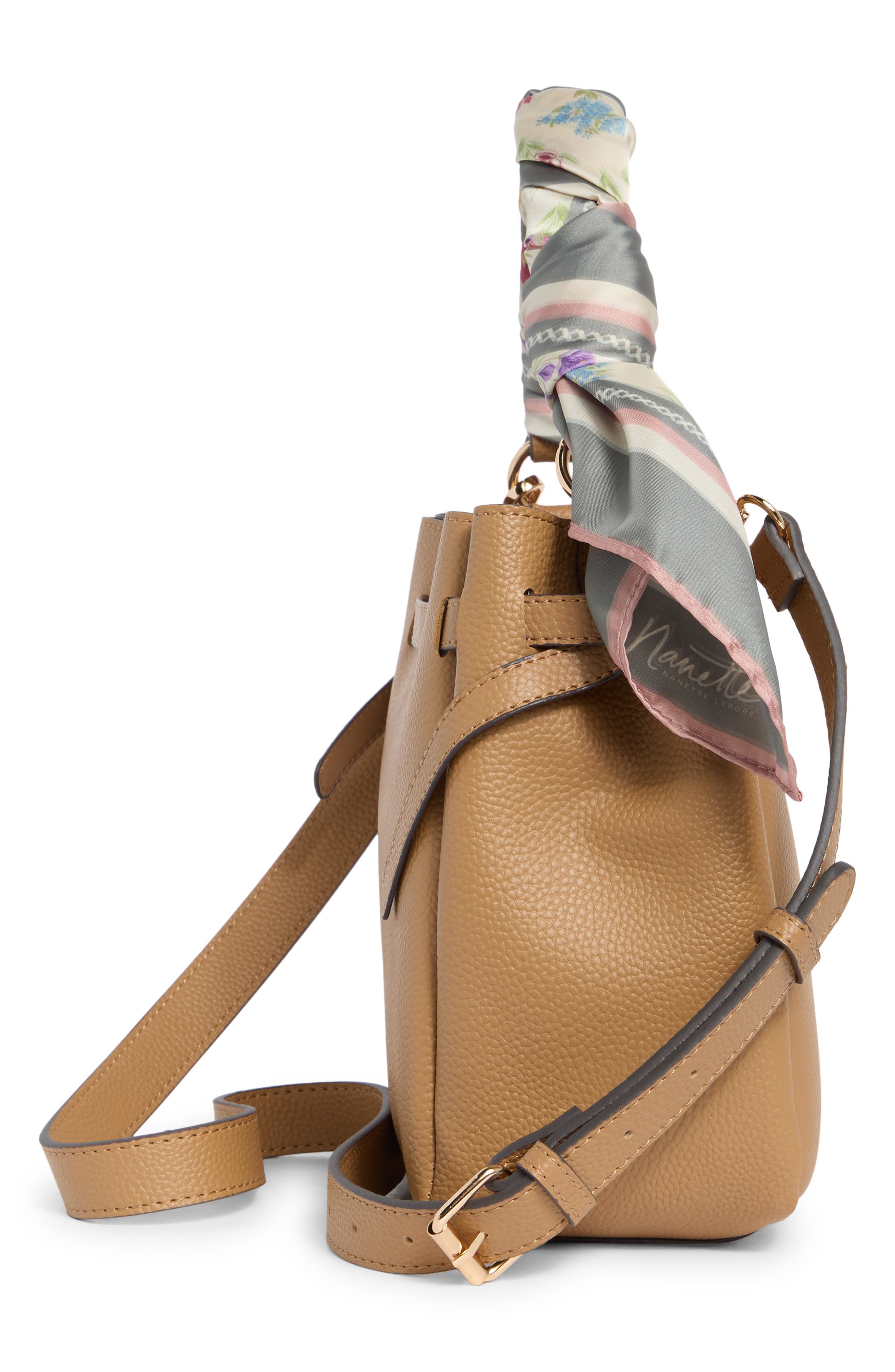 Nanette Lepore Scarf Trim Belted Bucket Bag, Alternate, color, Brown Sugar
