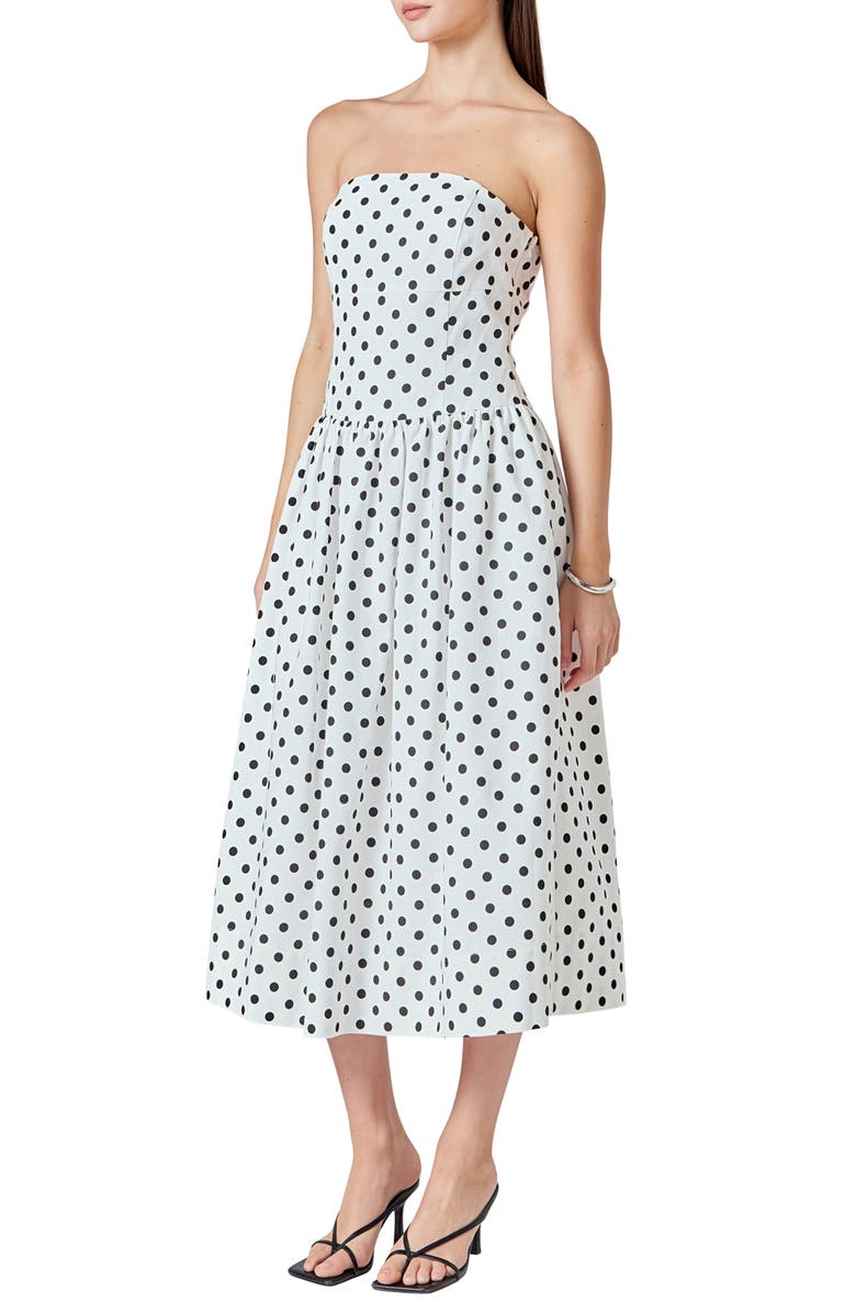 Endless Rose Polka Dot Strapless A-Line Dress, Alternate, color, White/ Black