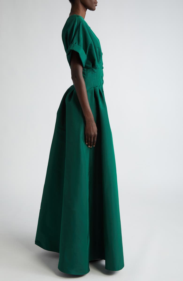 Carolina Herrera Cuffed Short Sleeve Button Front Silk Faille Gown, Alternate, color, Spruce Green