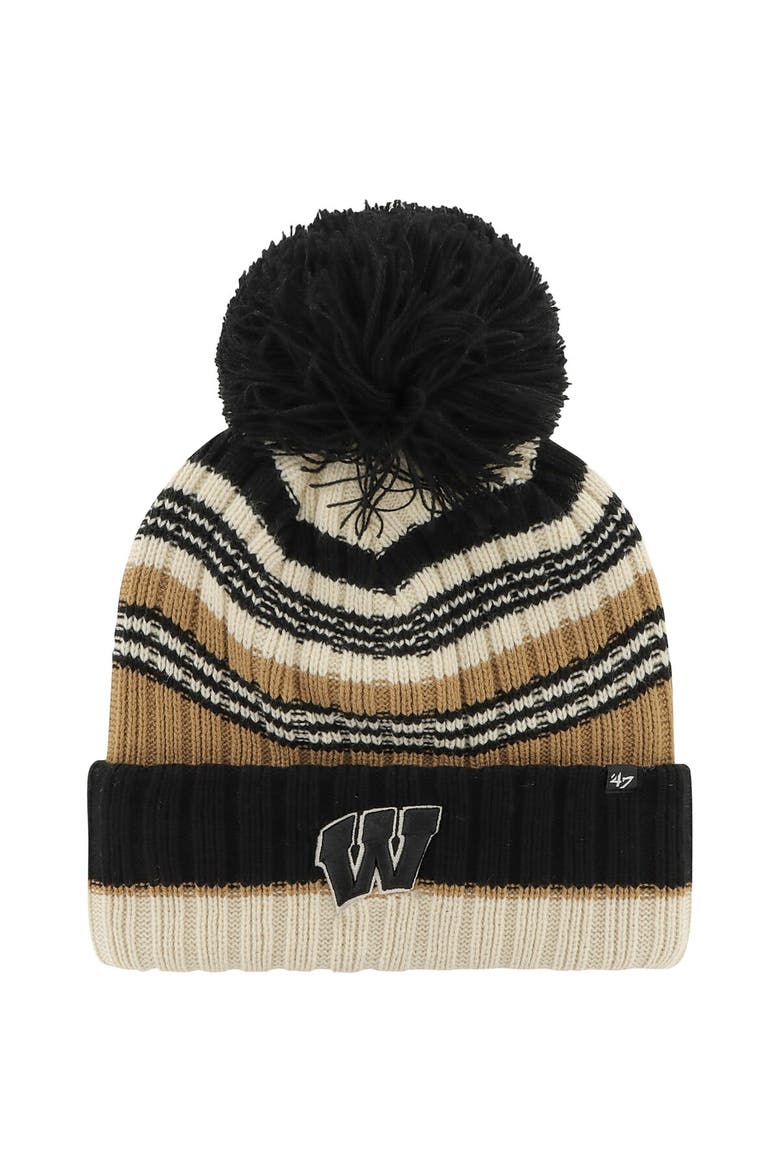 Women's '47 Khaki Wisconsin Badgers Barista Cuffed Knit Hat with Pom, Main, color, Khaki