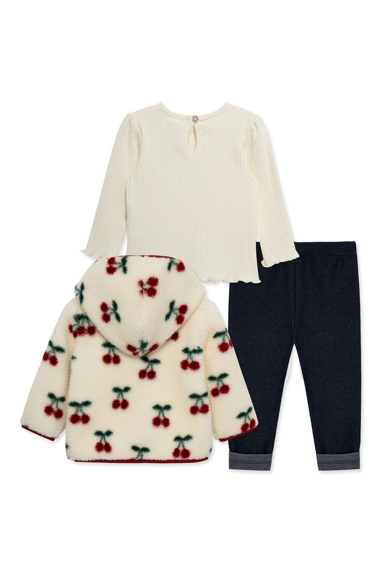Cherry 3-Piece Rib Top, Knit Pants and Fleece Jacket Set, Alternate, color, OFF WHITE PRINT