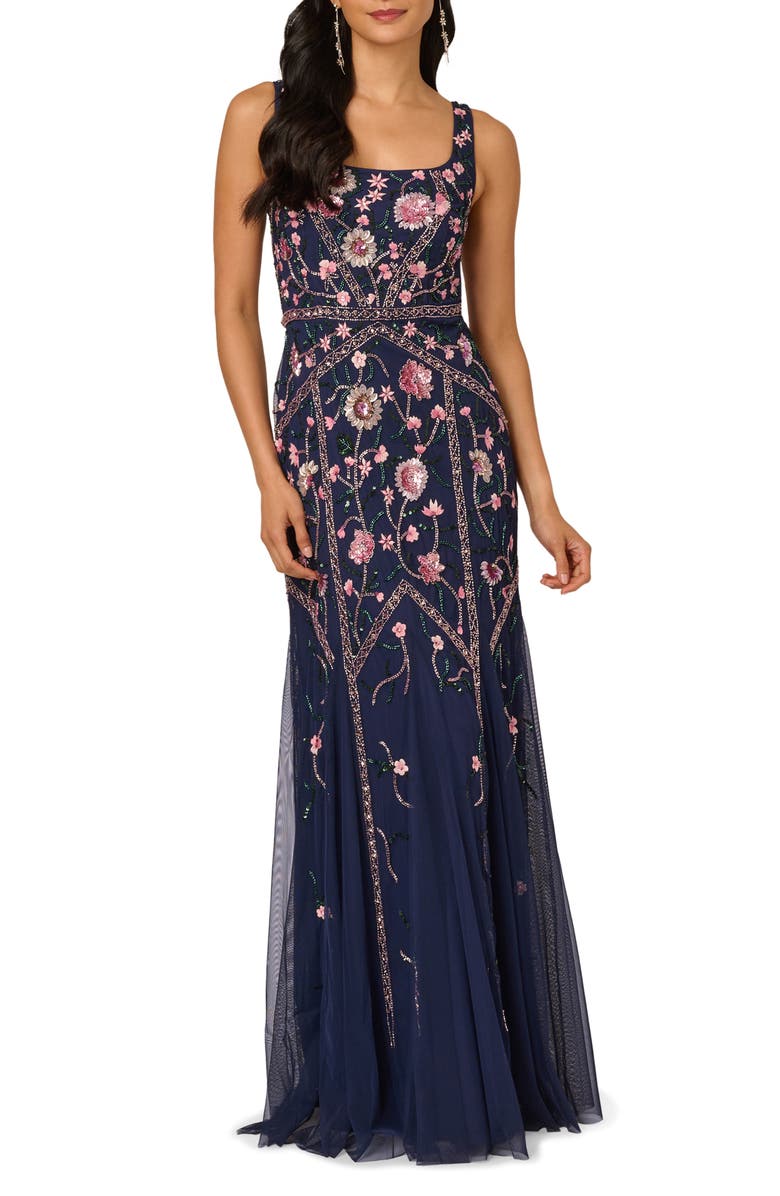 Adrianna Papell Beaded Floral Godet Gown, Main, color,