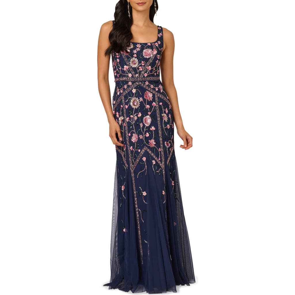Adrianna Papell Beaded Floral Godet Gown In Blue