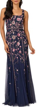 Adrianna Papell Beaded Floral Godet Gown