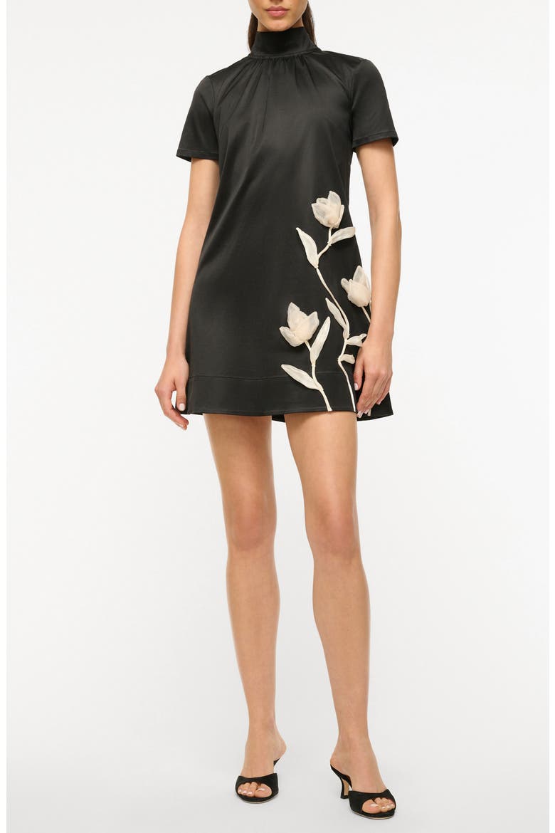 Ilana Floral Appliqué Satin Cocktail Minidress, Main, color, BLACK