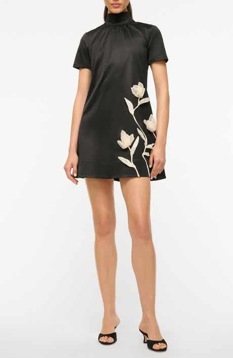 STAUD Ilana Floral Appliqué Satin Cocktail Minidress
